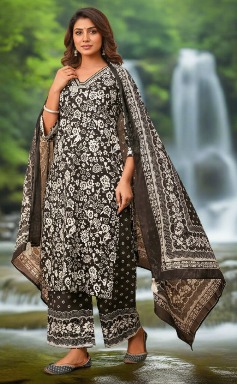 Black/White Floral Jaipur Cotton Kurti With Palazzo Pant And Dupatta Set. Pure Versatile Cotton. | Laces and Frills - Laces and Frills