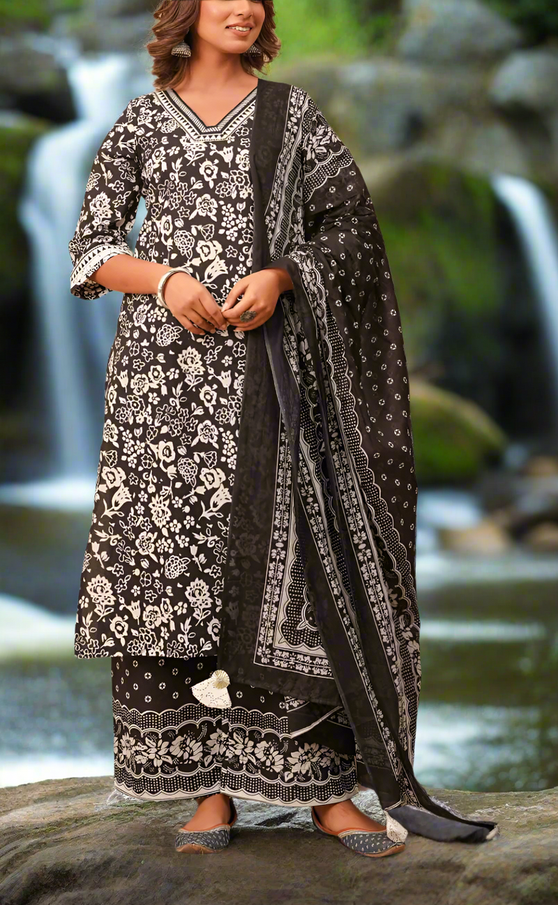Black/White Floral Jaipur Cotton Kurti With Palazzo Pant And Dupatta Set. Pure Versatile Cotton. | Laces and Frills