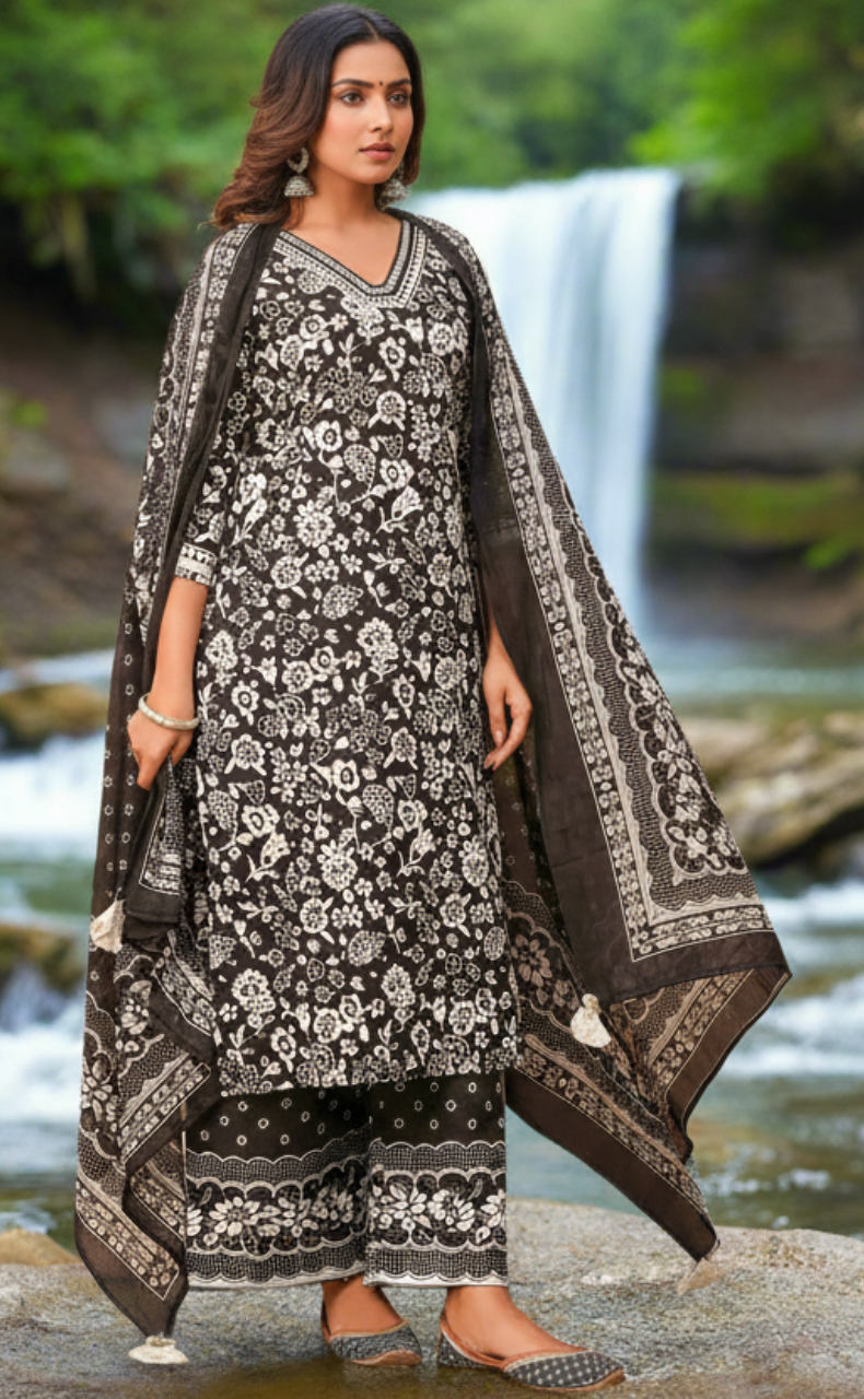 Black/White Floral Jaipur Cotton Kurti With Palazzo Pant And Dupatta Set. Pure Versatile Cotton. | Laces and Frills - Laces and Frills