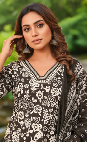 Black/White Floral Jaipur Cotton Kurti With Palazzo Pant And Dupatta Set. Pure Versatile Cotton. | Laces and Frills - Laces and Frills