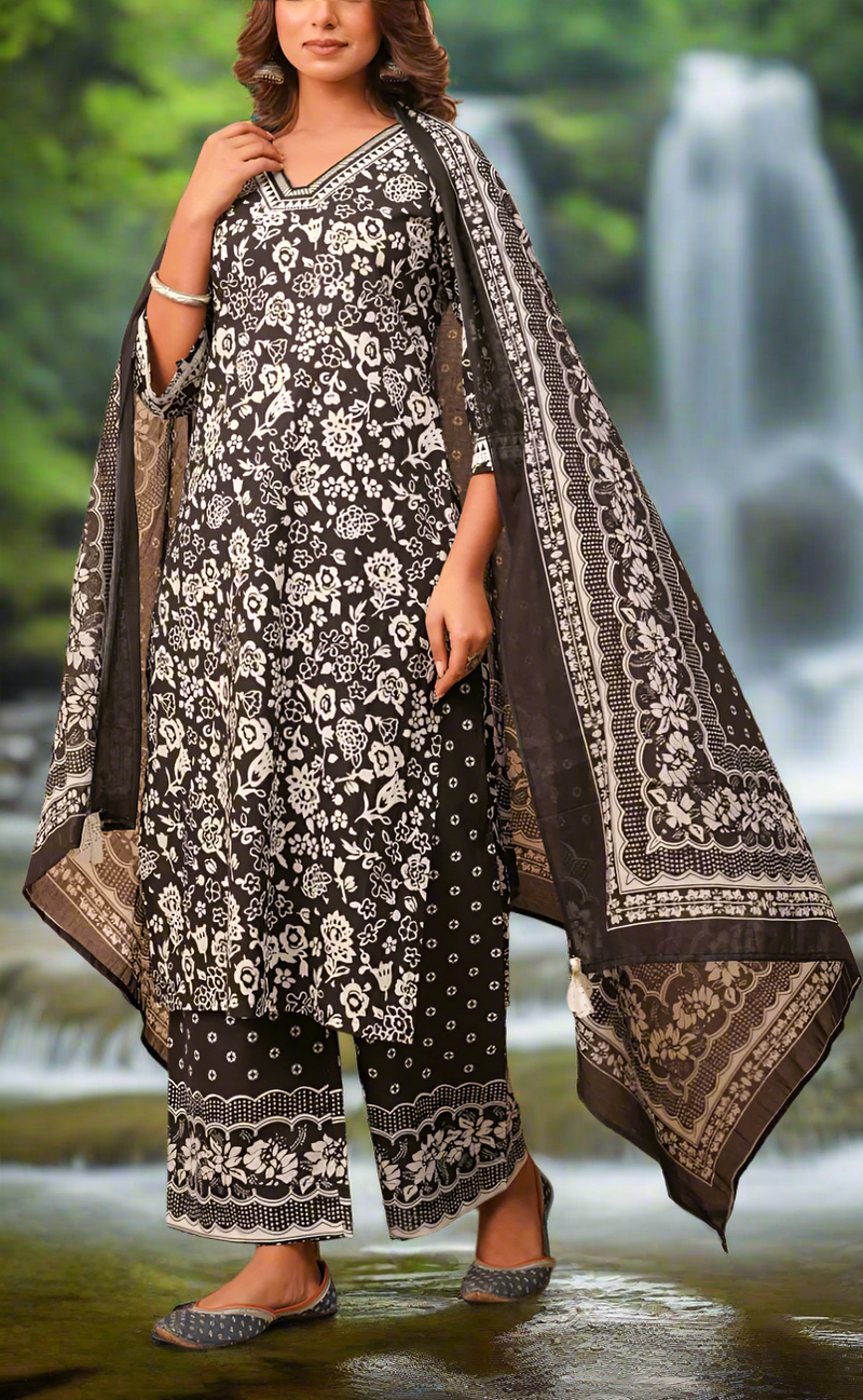 Black/White Floral Jaipur Cotton Kurti With Palazzo Pant And Dupatta Set. Pure Versatile Cotton. | Laces and Frills