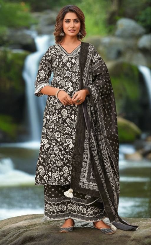 Black/White Floral Jaipur Cotton Kurti With Palazzo Pant And Dupatta Set. Pure Versatile Cotton. | Laces and Frills - Laces and Frills