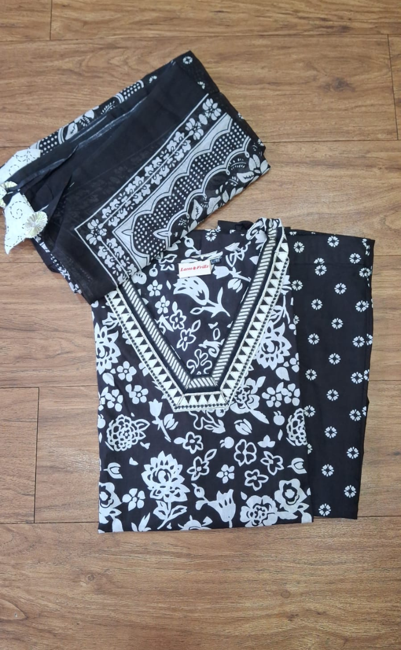 Black/White Floral Jaipur Cotton Kurti With Palazzo Pant And Dupatta Set. Pure Versatile Cotton. | Laces and Frills