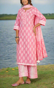 Baby Pink Motif Jaipur Cotton Kurti With Palazzo Pant And Dupatta Set. Pure Versatile Cotton. | Laces and Frills