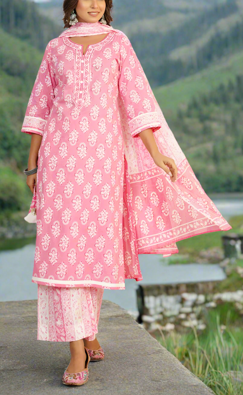 Baby Pink Motif Jaipur Cotton Kurti With Palazzo Pant And Dupatta Set. Pure Versatile Cotton. | Laces and Frills