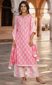 Baby Pink Motif Jaipur Cotton Kurti With Palazzo Pant And Dupatta Set. Pure Versatile Cotton. | Laces and Frills - Laces and Frills