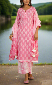 Baby Pink Motif Jaipur Cotton Kurti With Palazzo Pant And Dupatta Set. Pure Versatile Cotton. | Laces and Frills