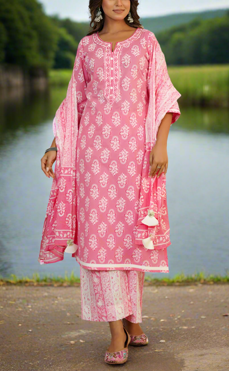 Baby Pink Motif Jaipur Cotton Kurti With Palazzo Pant And Dupatta Set. Pure Versatile Cotton. | Laces and Frills