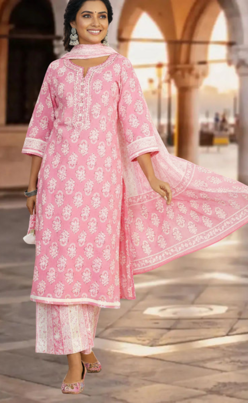 Baby Pink Motif Jaipur Cotton Kurti With Palazzo Pant And Dupatta Set. Pure Versatile Cotton. | Laces and Frills - Laces and Frills