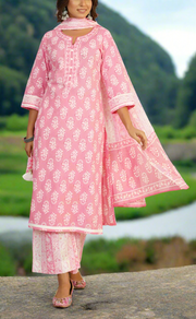 Baby Pink Motif Jaipur Cotton Kurti With Palazzo Pant And Dupatta Set. Pure Versatile Cotton. | Laces and Frills