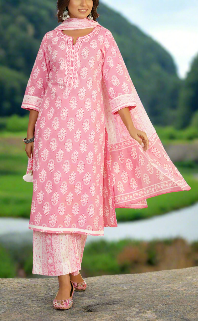 Baby Pink Motif Jaipur Cotton Kurti With Palazzo Pant And Dupatta Set. Pure Versatile Cotton. | Laces and Frills