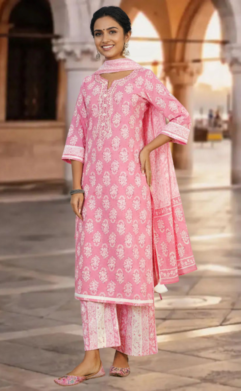 Baby Pink Motif Jaipur Cotton Kurti With Palazzo Pant And Dupatta Set. Pure Versatile Cotton. | Laces and Frills - Laces and Frills