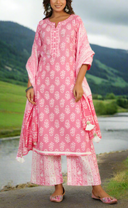 Baby Pink Motif Jaipur Cotton Kurti With Palazzo Pant And Dupatta Set. Pure Versatile Cotton. | Laces and Frills
