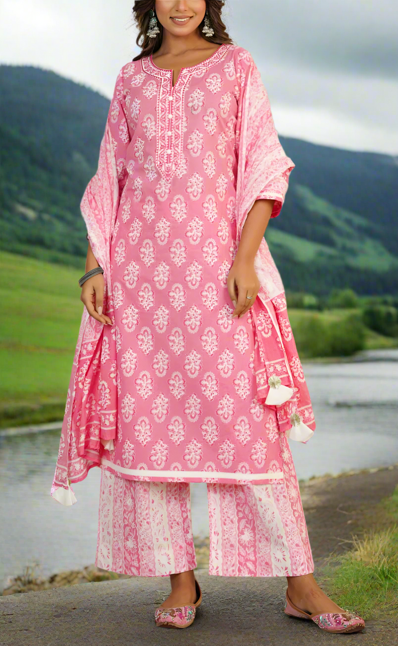 Baby Pink Motif Jaipur Cotton Kurti With Palazzo Pant And Dupatta Set. Pure Versatile Cotton. | Laces and Frills