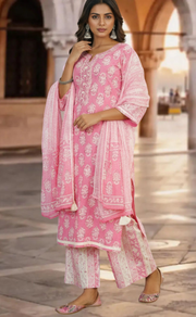 Baby Pink Motif Jaipur Cotton Kurti With Palazzo Pant And Dupatta Set. Pure Versatile Cotton. | Laces and Frills - Laces and Frills