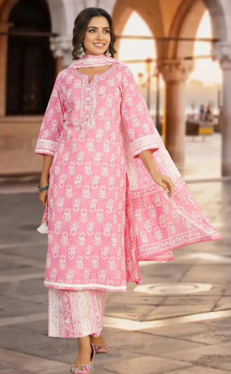Baby Pink Motif Jaipur Cotton Kurti With Palazzo Pant And Dupatta Set. Pure Versatile Cotton. | Laces and Frills - Laces and Frills