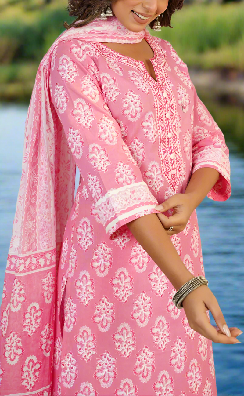 Baby Pink Motif Jaipur Cotton Kurti With Palazzo Pant And Dupatta Set. Pure Versatile Cotton. | Laces and Frills