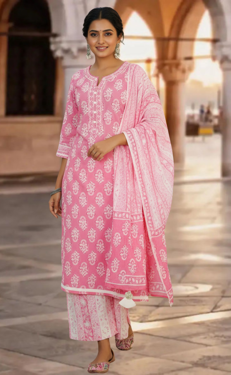 Baby Pink Motif Jaipur Cotton Kurti With Palazzo Pant And Dupatta Set. Pure Versatile Cotton. | Laces and Frills - Laces and Frills