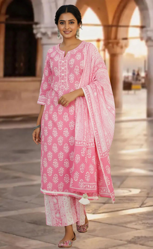 Baby Pink Motif Jaipur Cotton Kurti With Palazzo Pant And Dupatta Set. Pure Versatile Cotton. | Laces and Frills - Laces and Frills