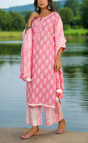 Baby Pink Motif Jaipur Cotton Kurti With Palazzo Pant And Dupatta Set. Pure Versatile Cotton. | Laces and Frills