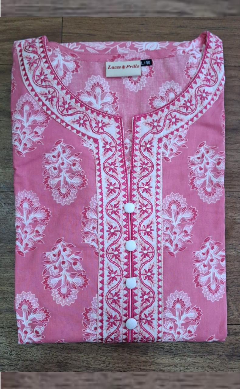 Baby Pink Motif Jaipur Cotton Kurti With Palazzo Pant And Dupatta Set. Pure Versatile Cotton. | Laces and Frills