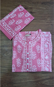 Baby Pink Motif Jaipur Cotton Kurti With Palazzo Pant And Dupatta Set. Pure Versatile Cotton. | Laces and Frills