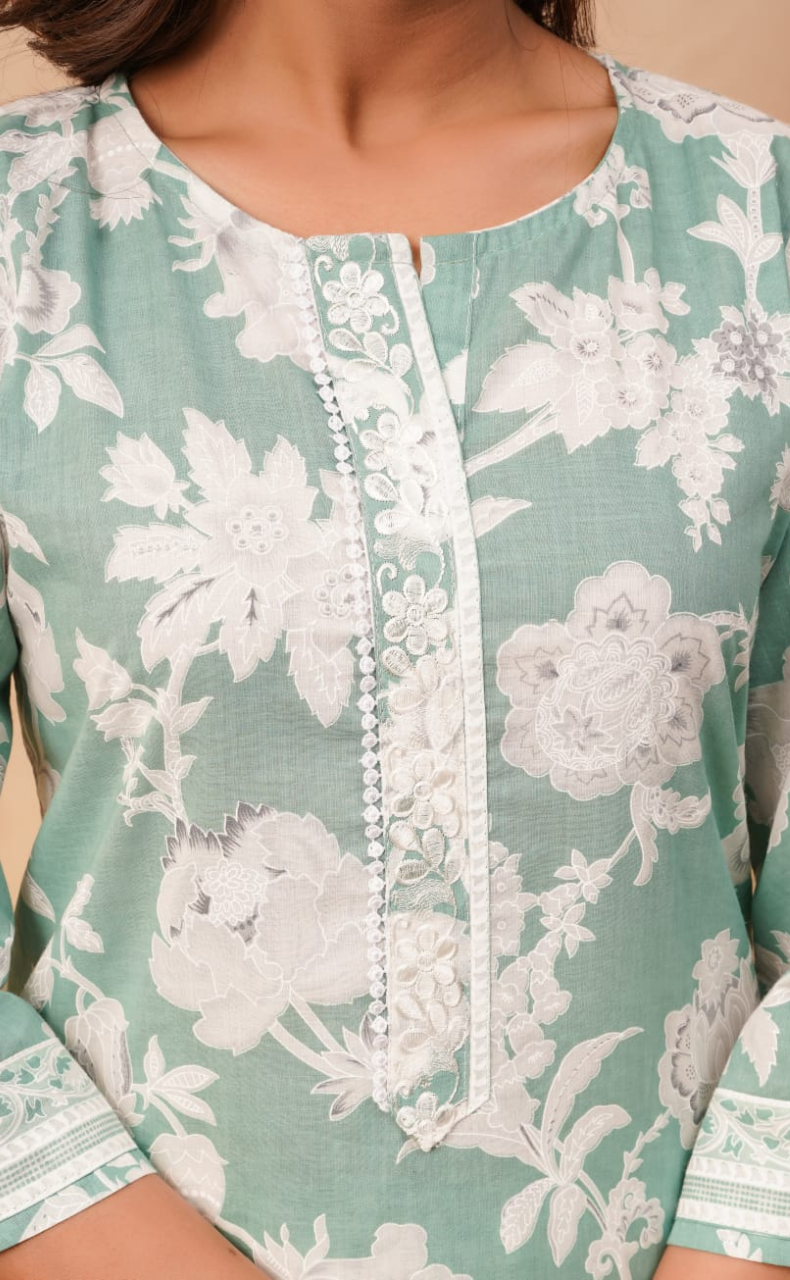 Pista Green Floral Jaipur Cotton Kurti With Pant And Dupatta Set. Pure Versatile Cotton. | Laces and Frills