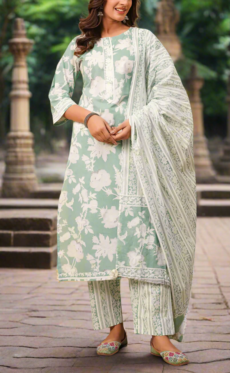 Pista Green Floral Jaipur Cotton Kurti With Pant And Dupatta Set. Pure Versatile Cotton. | Laces and Frills