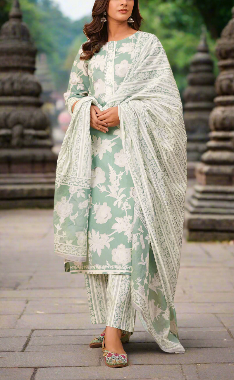 Pista Green Floral Jaipur Cotton Kurti With Pant And Dupatta Set. Pure Versatile Cotton. | Laces and Frills