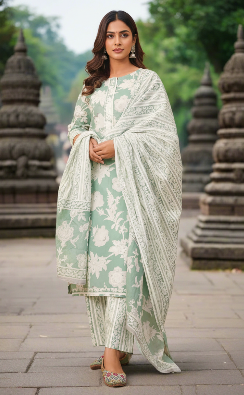 Pista Green Floral Jaipur Cotton Kurti With Pant And Dupatta Set. Pure Versatile Cotton. | Laces and Frills - Laces and Frills
