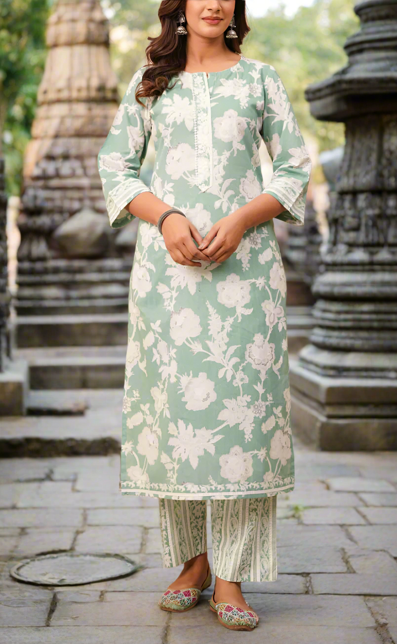 Pista Green Floral Jaipur Cotton Kurti With Pant And Dupatta Set. Pure Versatile Cotton. | Laces and Frills