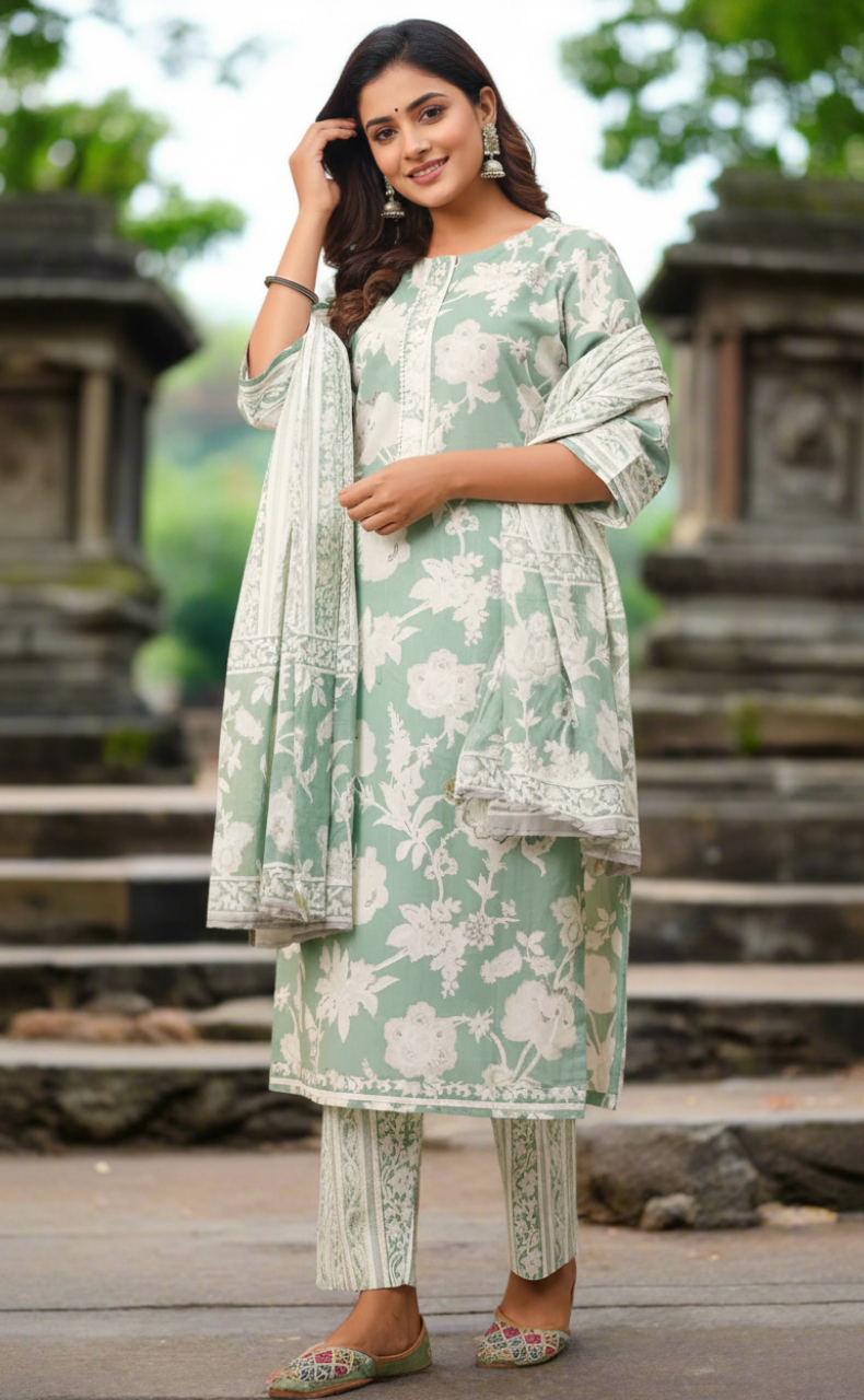 Pista Green Floral Jaipur Cotton Kurti With Pant And Dupatta Set. Pure Versatile Cotton. | Laces and Frills - Laces and Frills