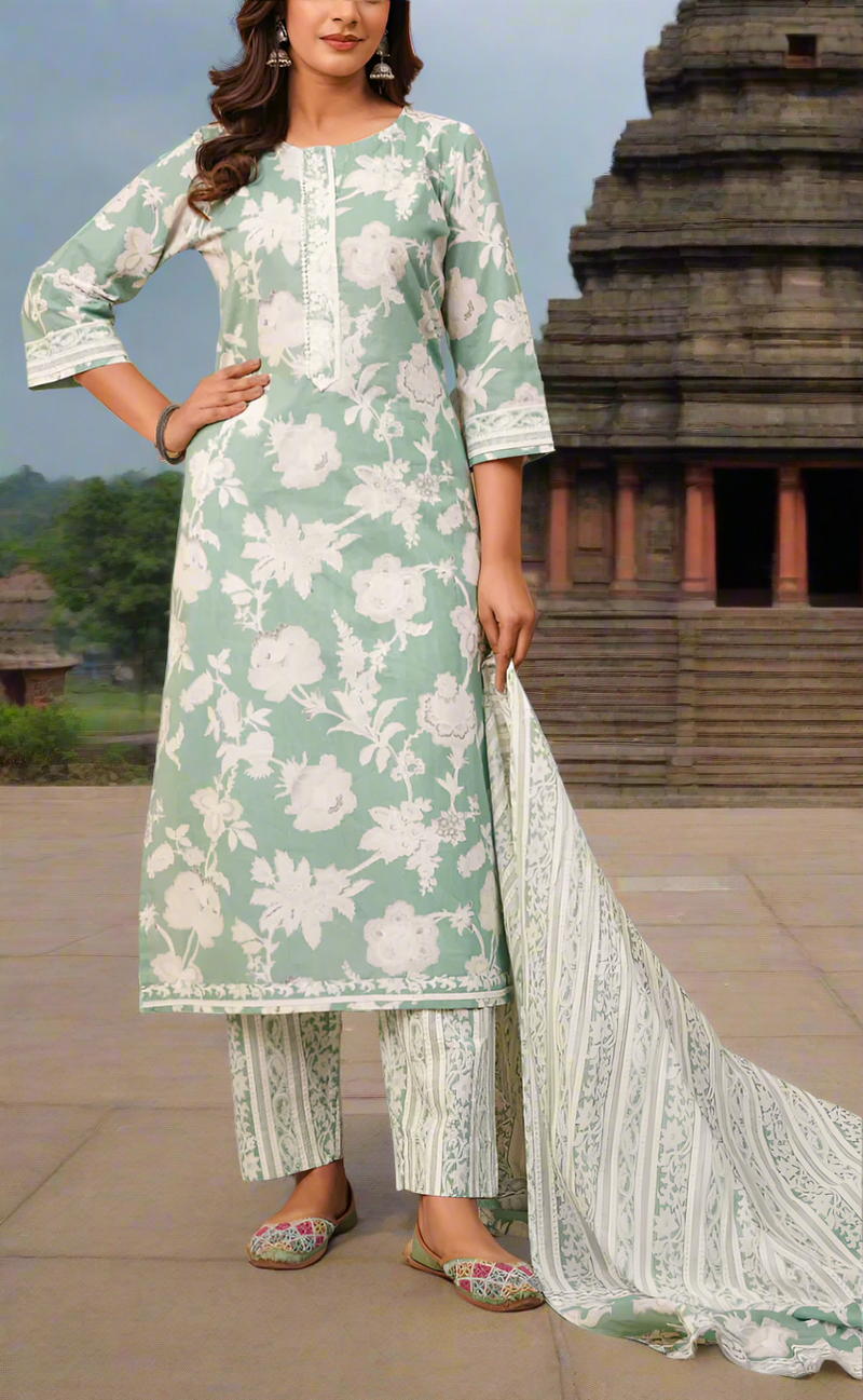 Pista Green Floral Jaipur Cotton Kurti With Pant And Dupatta Set. Pure Versatile Cotton. | Laces and Frills