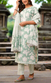 Pista Green Floral Jaipur Cotton Kurti With Pant And Dupatta Set. Pure Versatile Cotton. | Laces and Frills