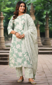 Pista Green Floral Jaipur Cotton Kurti With Pant And Dupatta Set. Pure Versatile Cotton. | Laces and Frills - Laces and Frills