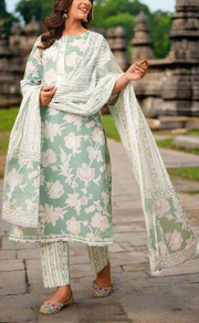 Pista Green Floral Jaipur Cotton Kurti With Pant And Dupatta Set. Pure Versatile Cotton. | Laces and Frills