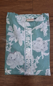 Pista Green Floral Jaipur Cotton Kurti With Pant And Dupatta Set. Pure Versatile Cotton. | Laces and Frills