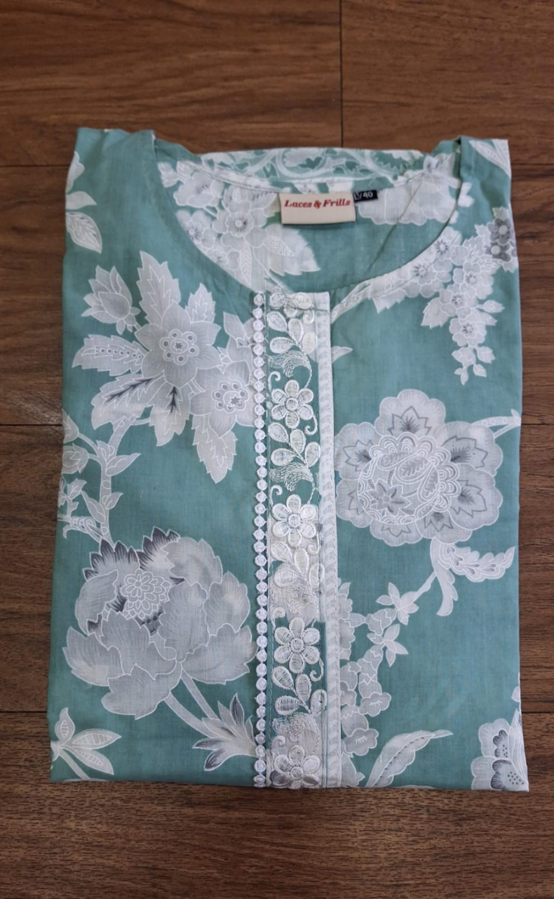 Pista Green Floral Jaipur Cotton Kurti With Pant And Dupatta Set. Pure Versatile Cotton. | Laces and Frills