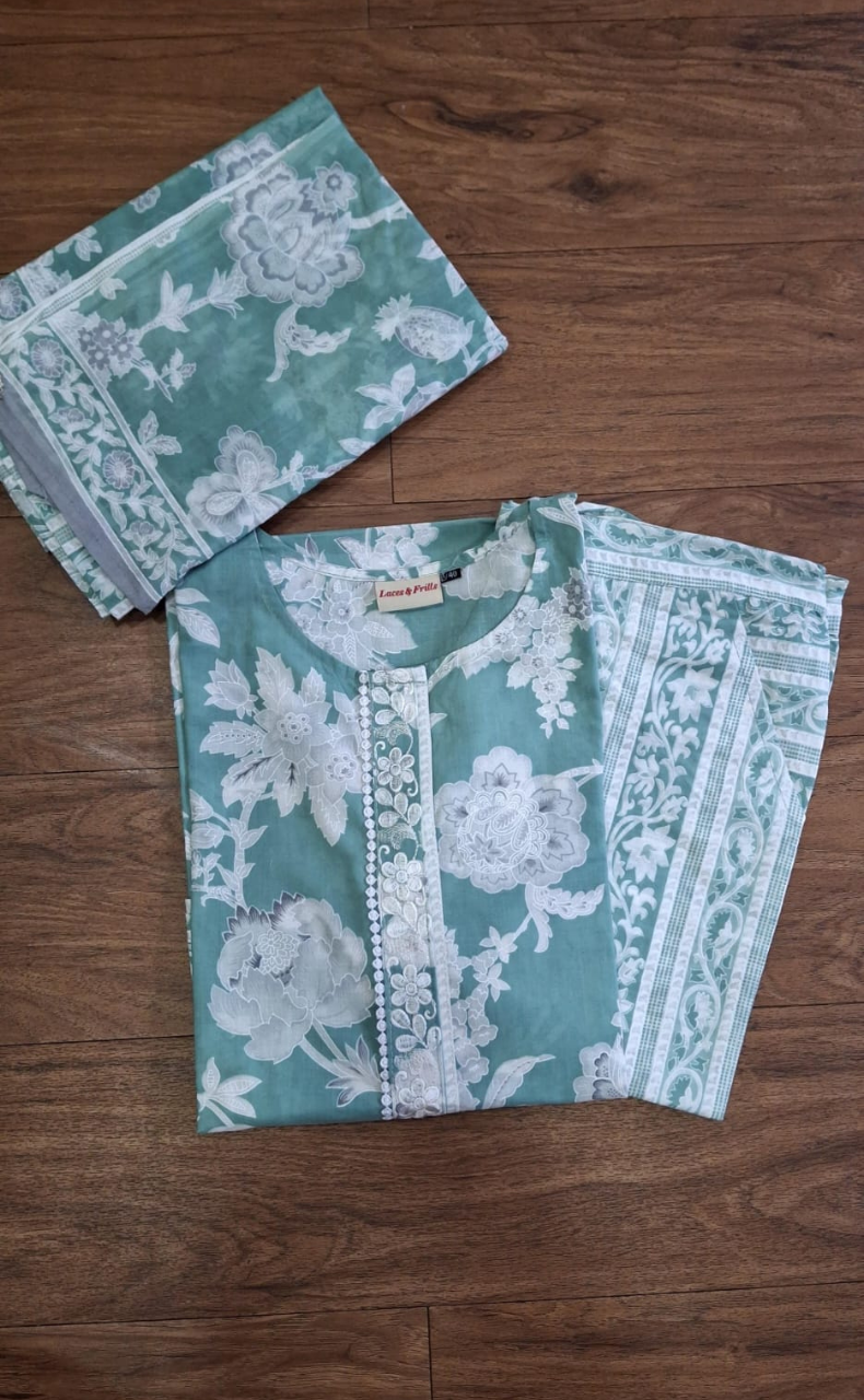 Pista Green Floral Jaipur Cotton Kurti With Pant And Dupatta Set. Pure Versatile Cotton. | Laces and Frills