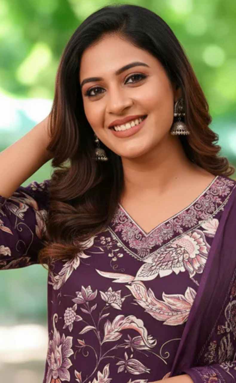 Purple Floral Garden Jaipur Cotton Kurti With Pant And Dupatta Set. Pure Versatile Cotton. | Laces and Frills - Laces and Frills