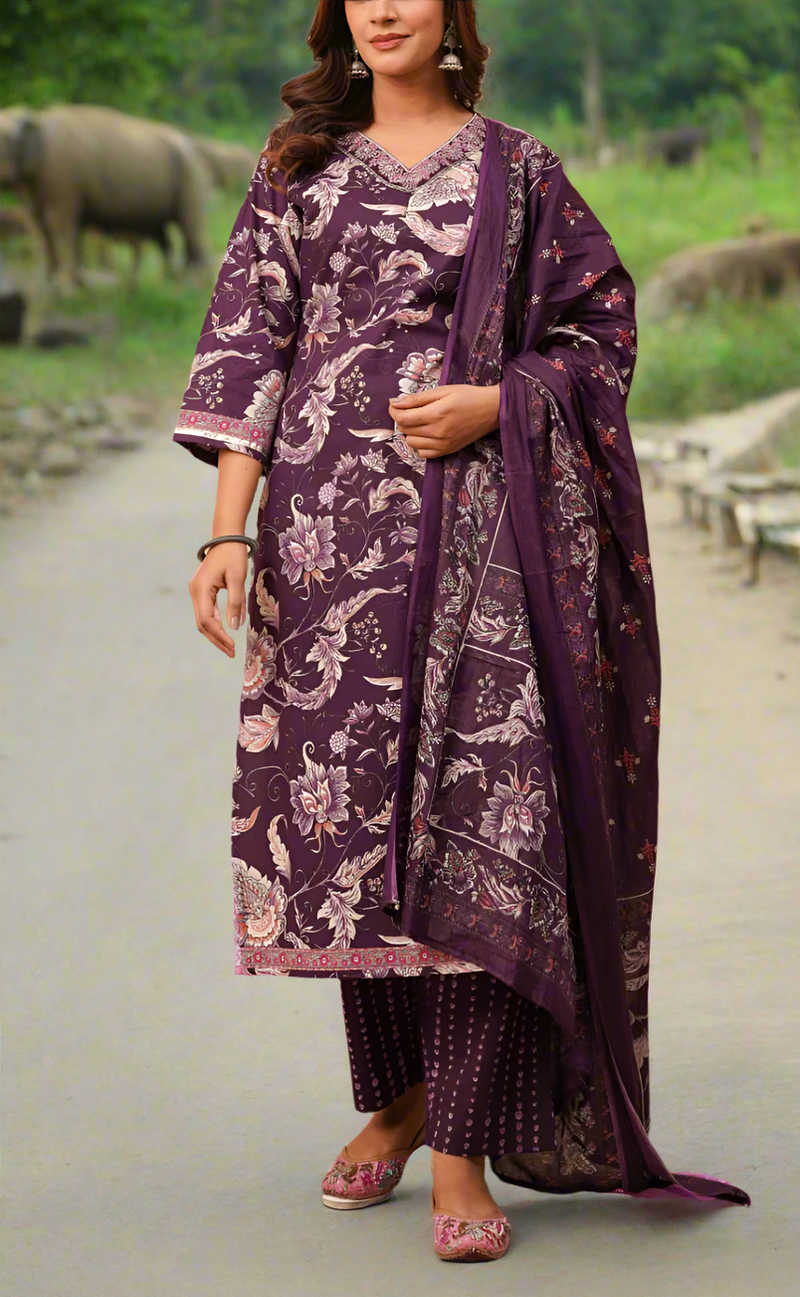 Purple Floral Garden Jaipur Cotton Kurti With Pant And Dupatta Set. Pure Versatile Cotton. | Laces and Frills