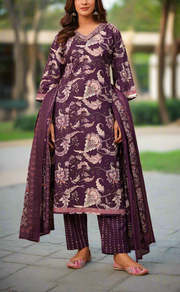 Purple Floral Garden Jaipur Cotton Kurti With Pant And Dupatta Set. Pure Versatile Cotton. | Laces and Frills