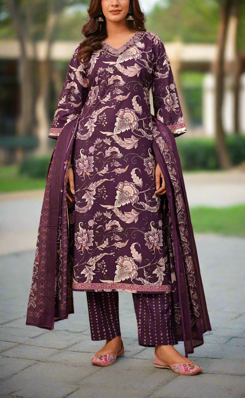 Purple Floral Garden Jaipur Cotton Kurti With Pant And Dupatta Set. Pure Versatile Cotton. | Laces and Frills