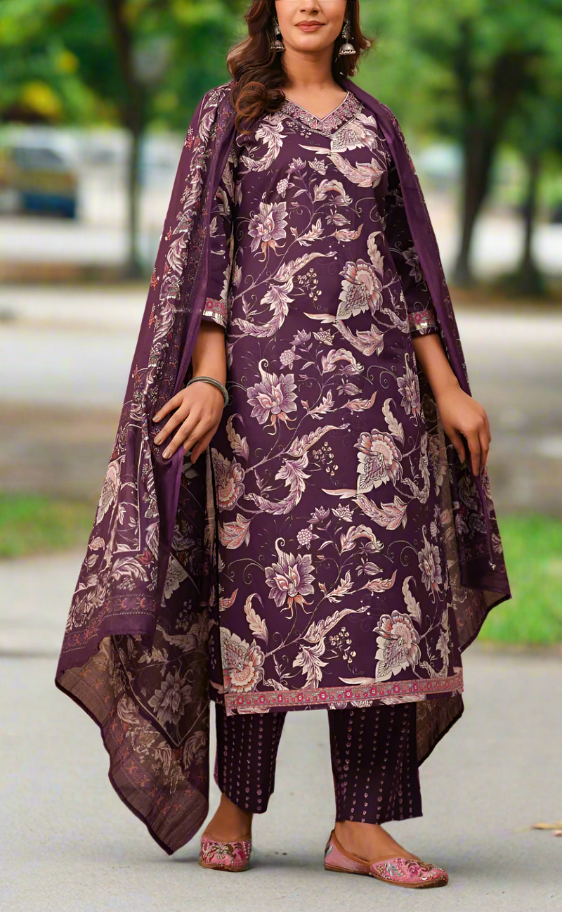Purple Floral Garden Jaipur Cotton Kurti With Pant And Dupatta Set. Pure Versatile Cotton. | Laces and Frills
