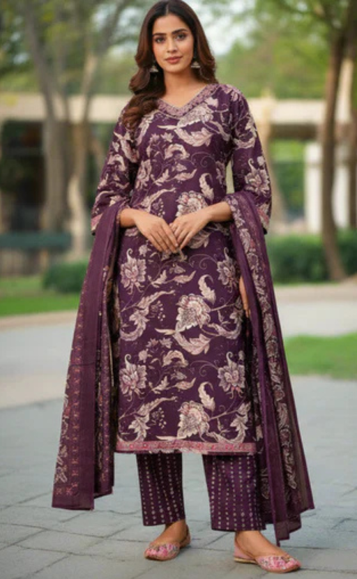 Purple Floral Garden Jaipur Cotton Kurti With Pant And Dupatta Set. Pure Versatile Cotton. | Laces and Frills - Laces and Frills