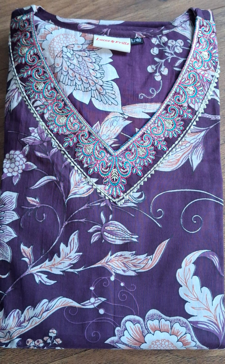 Purple Floral Garden Jaipur Cotton Kurti With Pant And Dupatta Set. Pure Versatile Cotton. | Laces and Frills