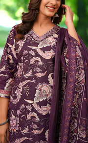 Purple Floral Garden Jaipur Cotton Kurti With Pant And Dupatta Set. Pure Versatile Cotton. | Laces and Frills