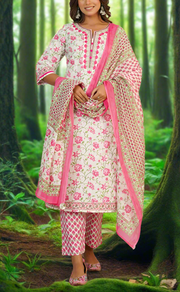 White/Pink Floral Jaipur Cotton Kurti With Pant And Dupatta Set. Pure Versatile Cotton. | Laces and Frills