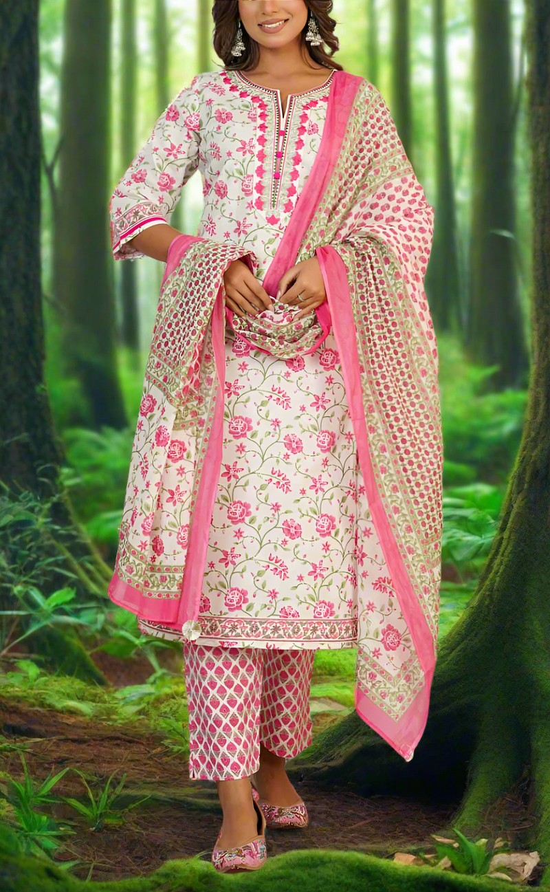White/Pink Floral Jaipur Cotton Kurti With Pant And Dupatta Set. Pure Versatile Cotton. | Laces and Frills