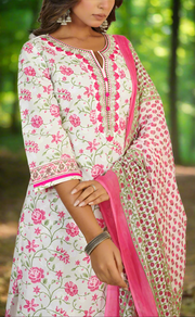 White/Pink Floral Jaipur Cotton Kurti With Pant And Dupatta Set. Pure Versatile Cotton. | Laces and Frills